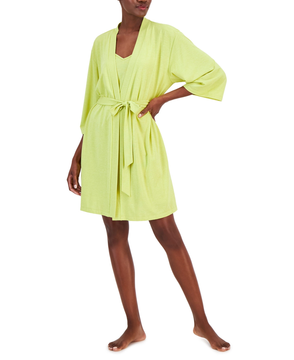 Inc International Concepts Women's 2-pc. Sparkle Robe & Chemise Set, Created For Macy's In Lime Sparkle