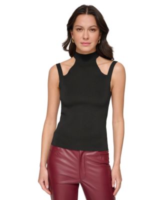DKNY Women's Cut Out Neck Top With Chiffon Hem - Lazer Bubble Crepe, Small