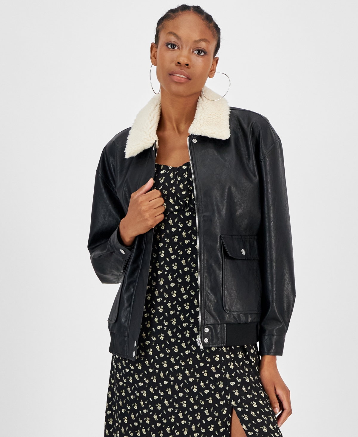 And Now This Women's Faux-leather Bomber Jacket In Black