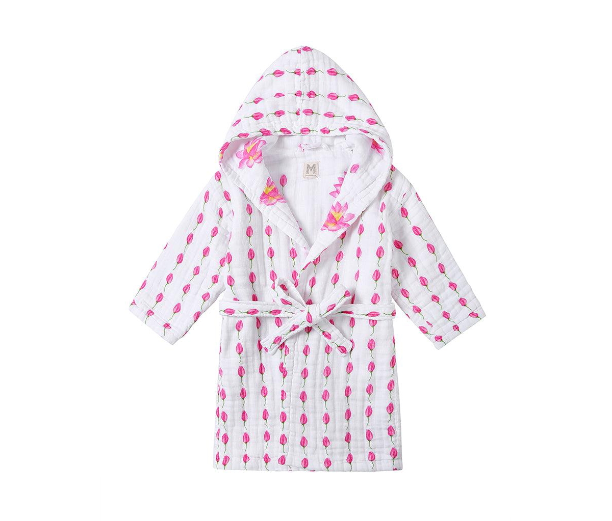 Gots Certified Organic Cotton Muslin Hooded Reversible Bath Robe For Toddler,(Size 3-4Y), Girls - Enchanted garden
