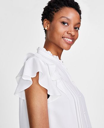 CeCe Women's Short Sleeve Pin-tuck Ruffled Button-up Blouse - Macy's