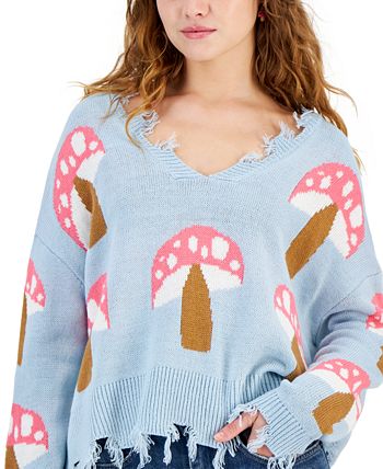 Just Polly Juniors Mushroom Print Distressed Edge Sweater Macy s