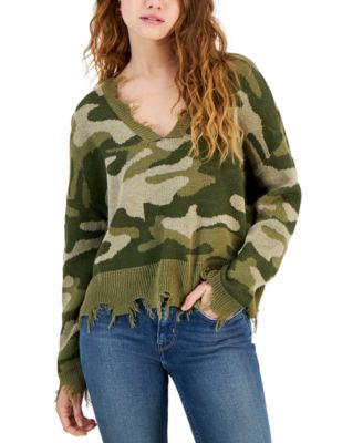 Just Polly - Juniors' Frayed-Edge V-Neck Relaxed Sweater