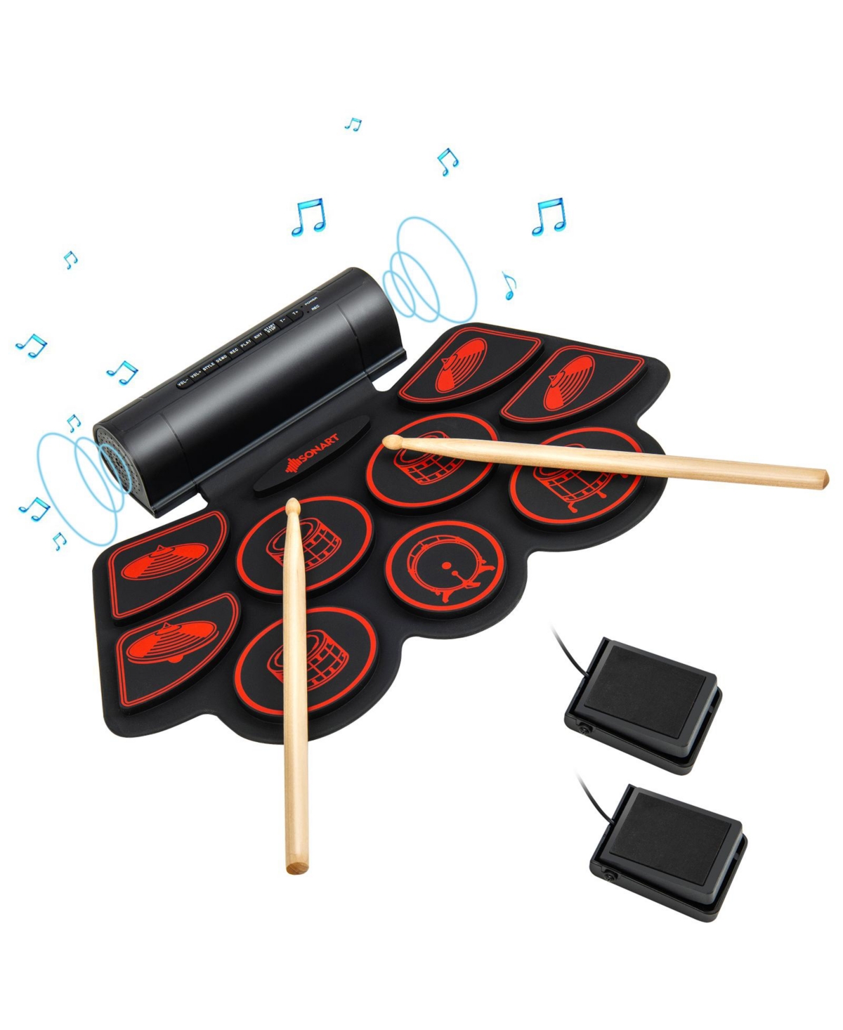 9 Pads Electronic Drum Set with Sticks  Pedals Portable Rollup Digital Drum Kit  Red