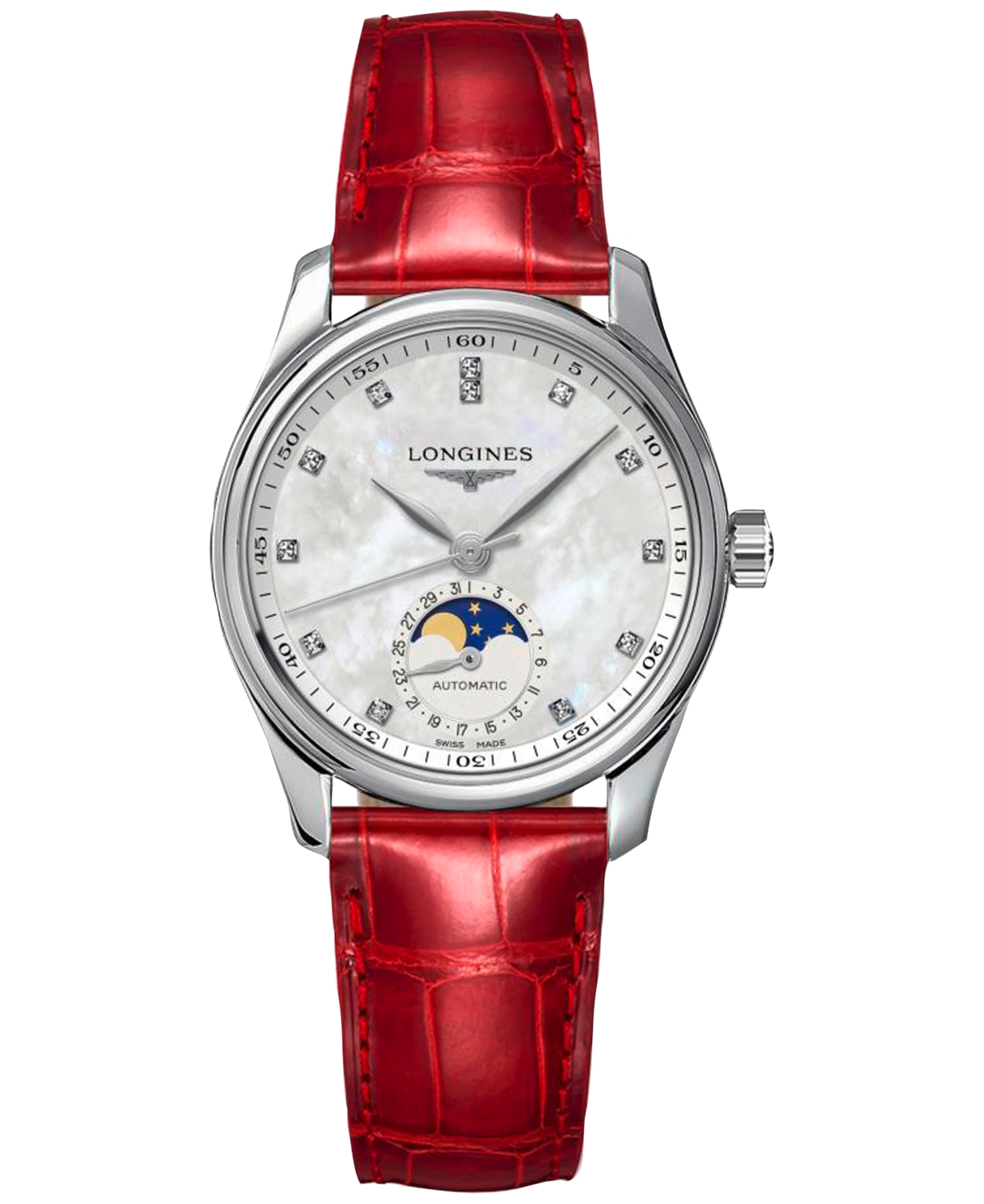 Longines Women's Swiss Automatic Master Diamond (1/20 Ct. T.w.) Red Leather Strap Watch 34mm In Silver