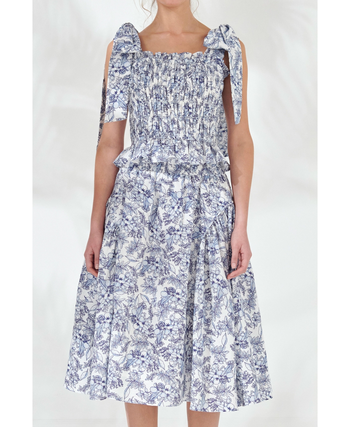 Shop Endless Rose Women's Print Smocked Bow Tie Top In Blue