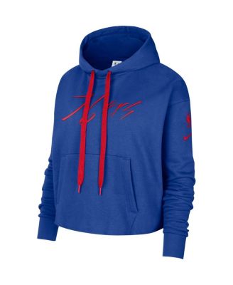 Women's Royal Philadelphia 76ers Split Flip Courtside Cropped Pullover Hoodie