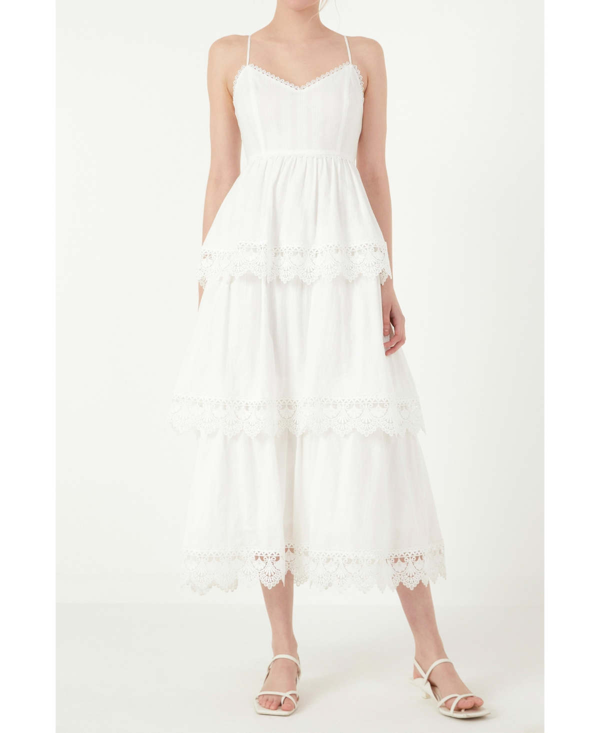 Women's Floral Lace Tiered Trim Maxi Dress - White