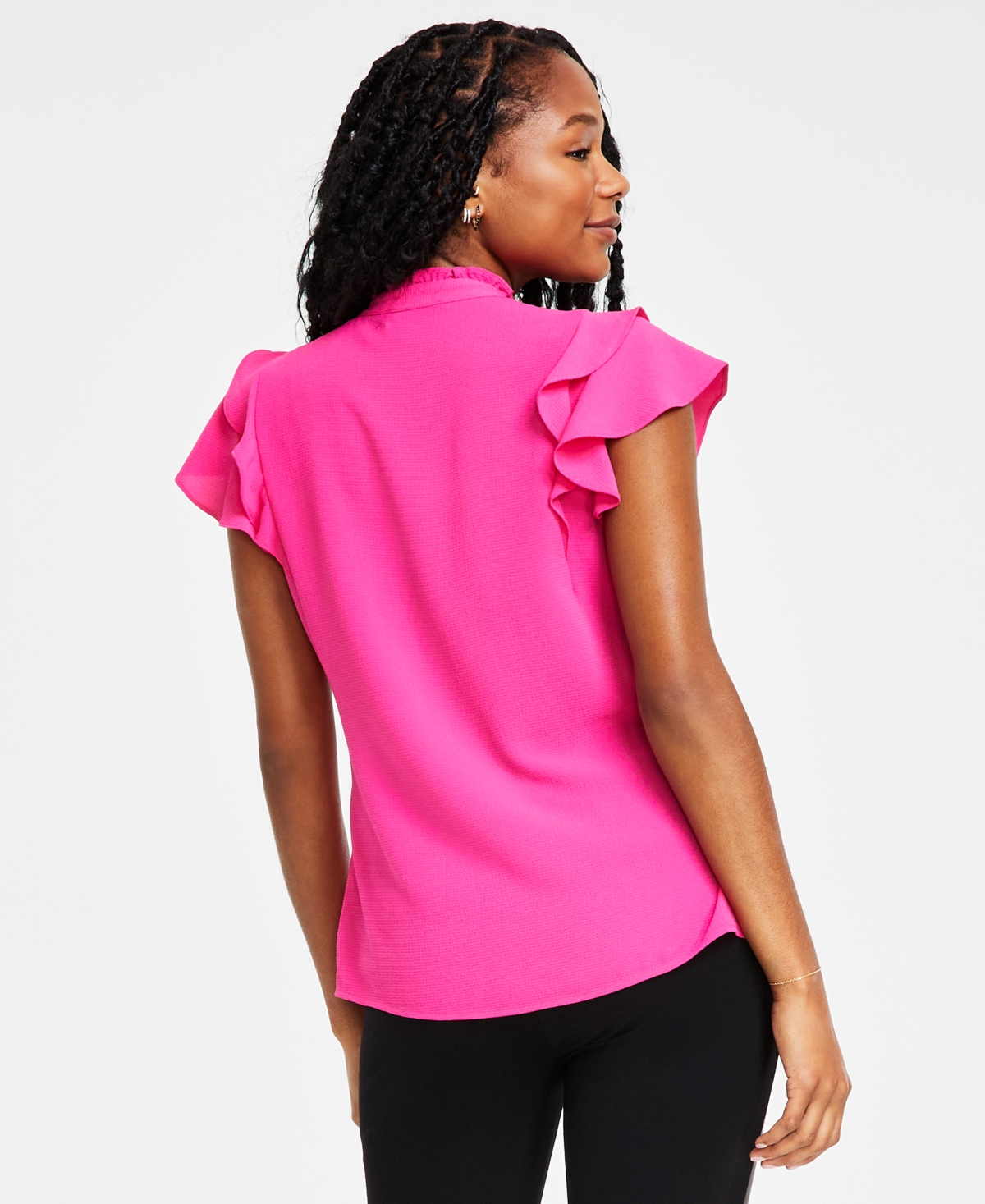 CeCe Women's Short Sleeve Pin-tuck Ruffled Button-up Blouse
