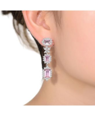 Sterling Silver with White Gold Plated  with Colored Cubic Zirconia Halo Three-Tier Earrings