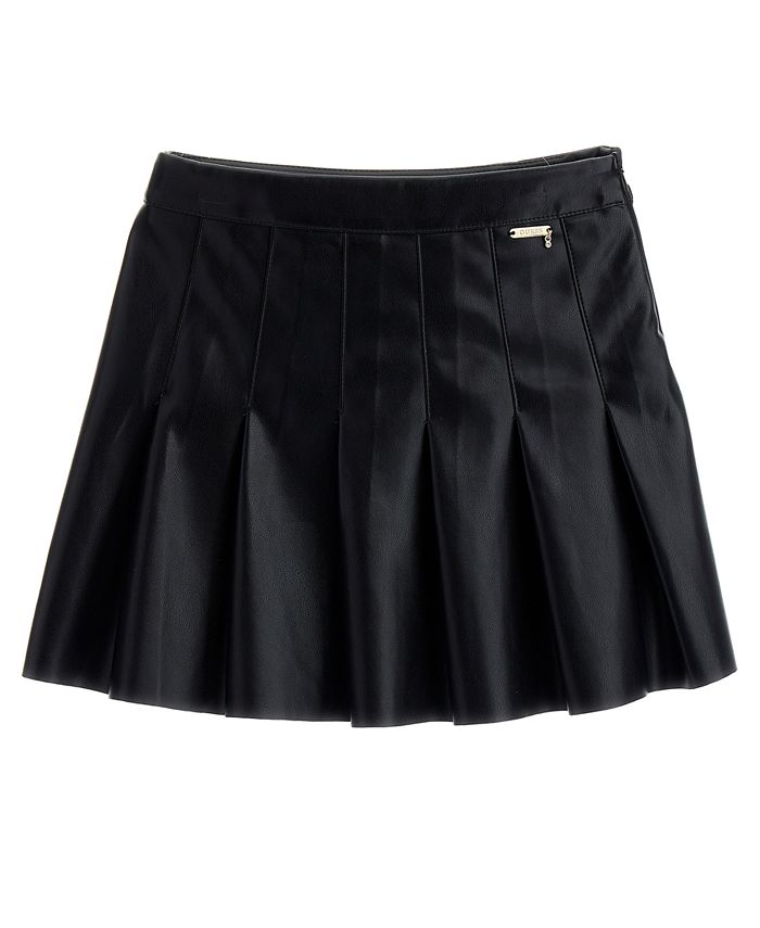 Girls black faux leather pleated skirt