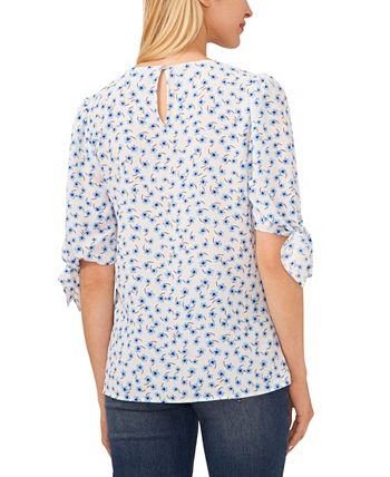 CeCe Women's Printed 3/4-Tie Sleeve Crew Neck Blouse - Macy's