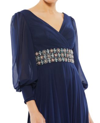 Women's Bishop Sleeve Wrap Over Belt Detail Flowy Gown