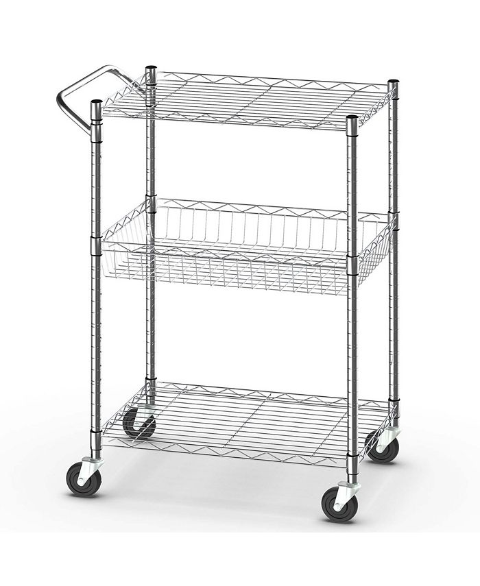 Costway 3-Tier Utility Cart Heavy Duty Wire Rolling Cart w/Handle Bar  Storage Trolley