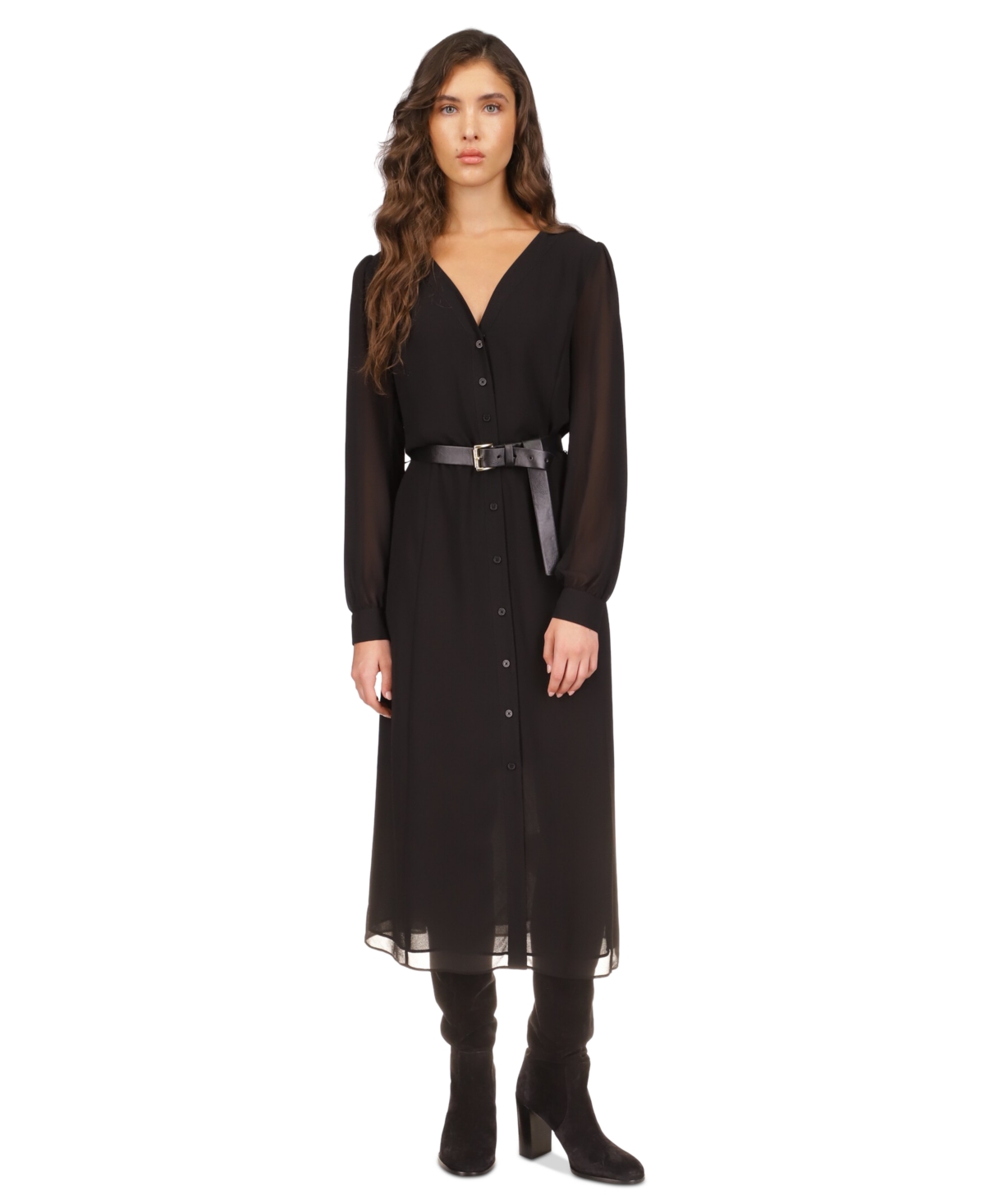 Michael Kors Michael  Women's Kate Animal-print Button-down Belted Midi Dress, Regular & Petite In Black
