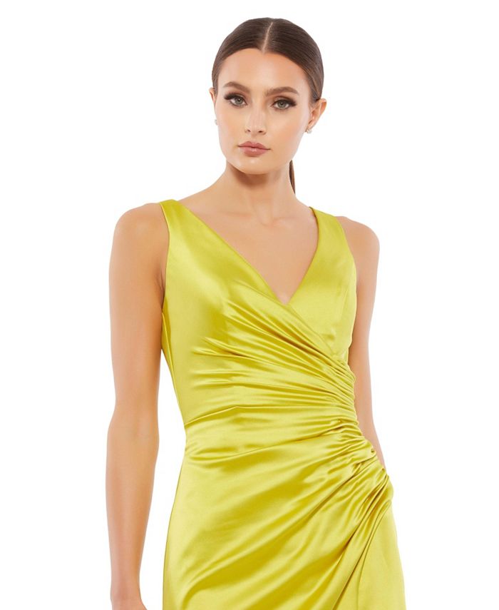 Mac Duggal Women's Ieena Satin Ruched V Neck Faux Wrap Midi Dress - Macy's