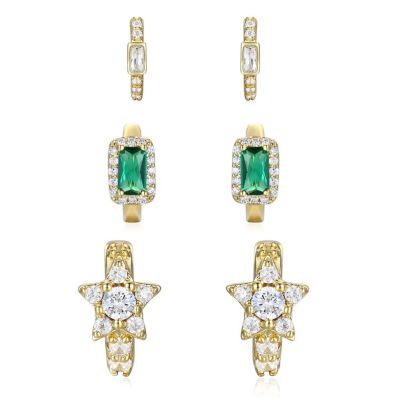 14k Gold Plated with Green &  Cubic Zirconia Halo Star 3-Piece Hoop Earrings Set