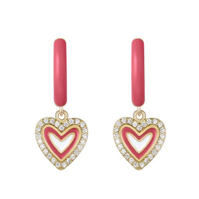 Kids/teens 14k Gold Plated with  Cubic Zirconia & Magenta-Red Enamel Halo Heart Dangle Charm Hoop Earrings