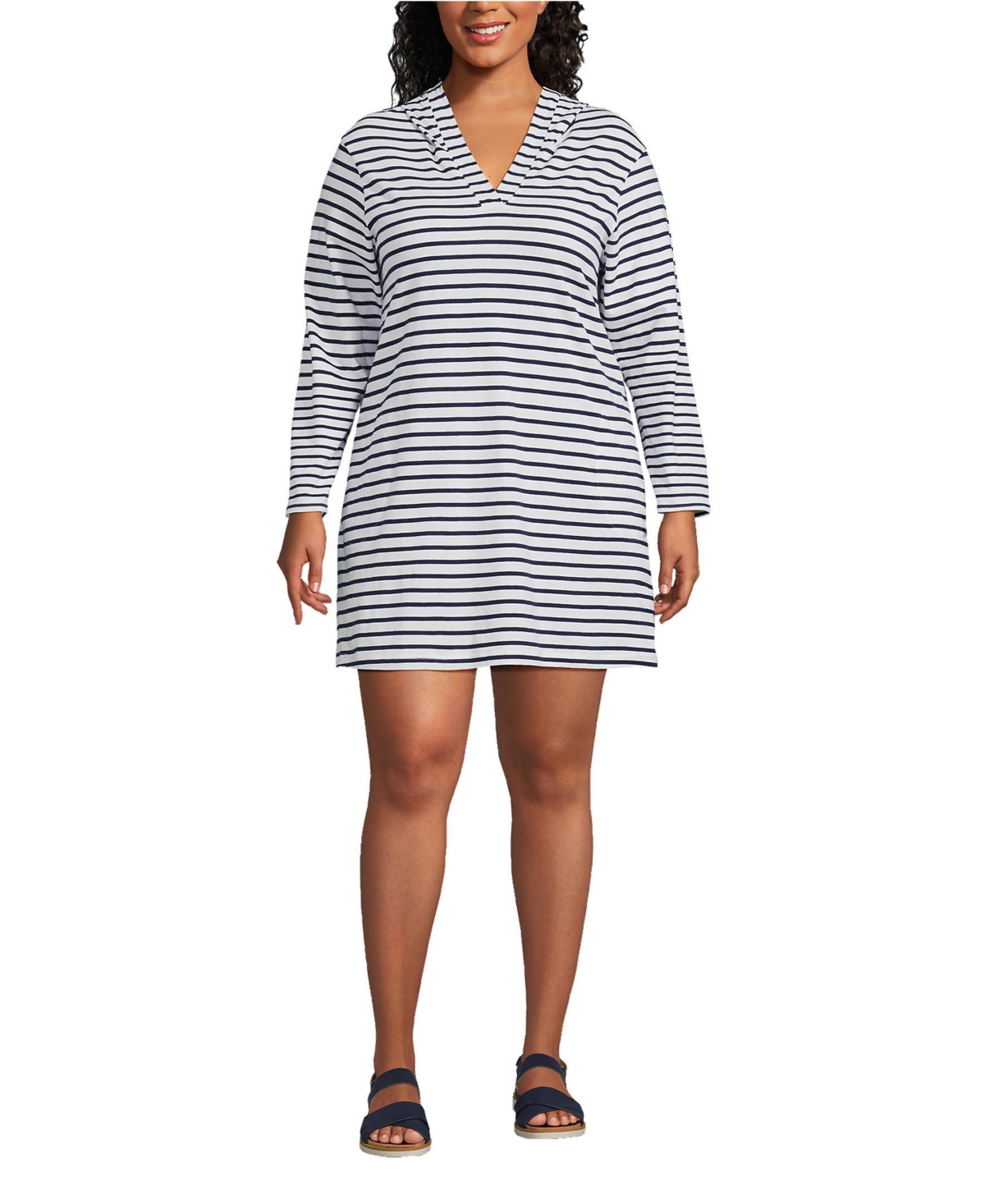 Lands' End Plus Size Cotton Jersey Long Sleeve Hooded Swim Cover-up Dress -deep sea stripe