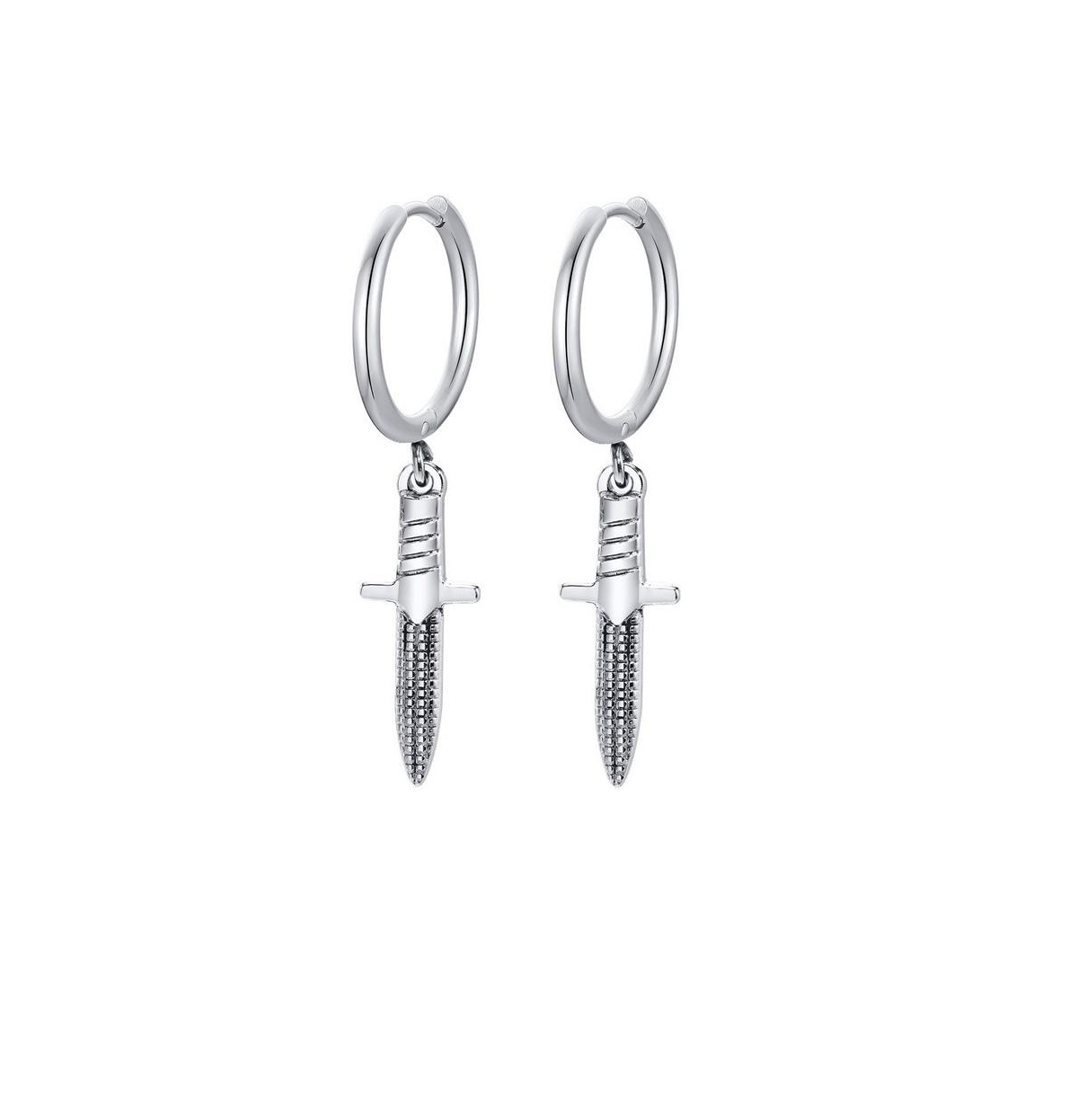 Stainless Steel Oxidized Knife Charm Huggie Hoop Earrings - Silver