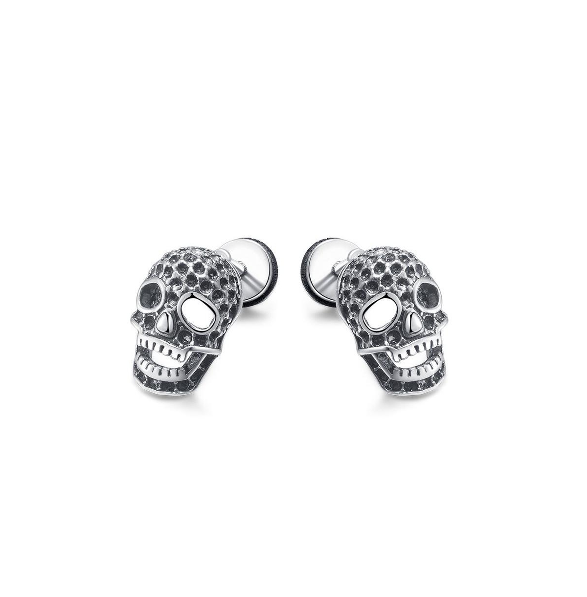 Stainless Steel Oxidized Skull Stud Earrings - Silver