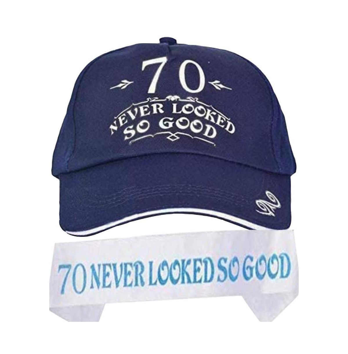 70th Birthday Gifts for Men, 70th Birthday Hat and Sash Men, 70 Never Looked So Good Baseball Cap and Sash - Blue