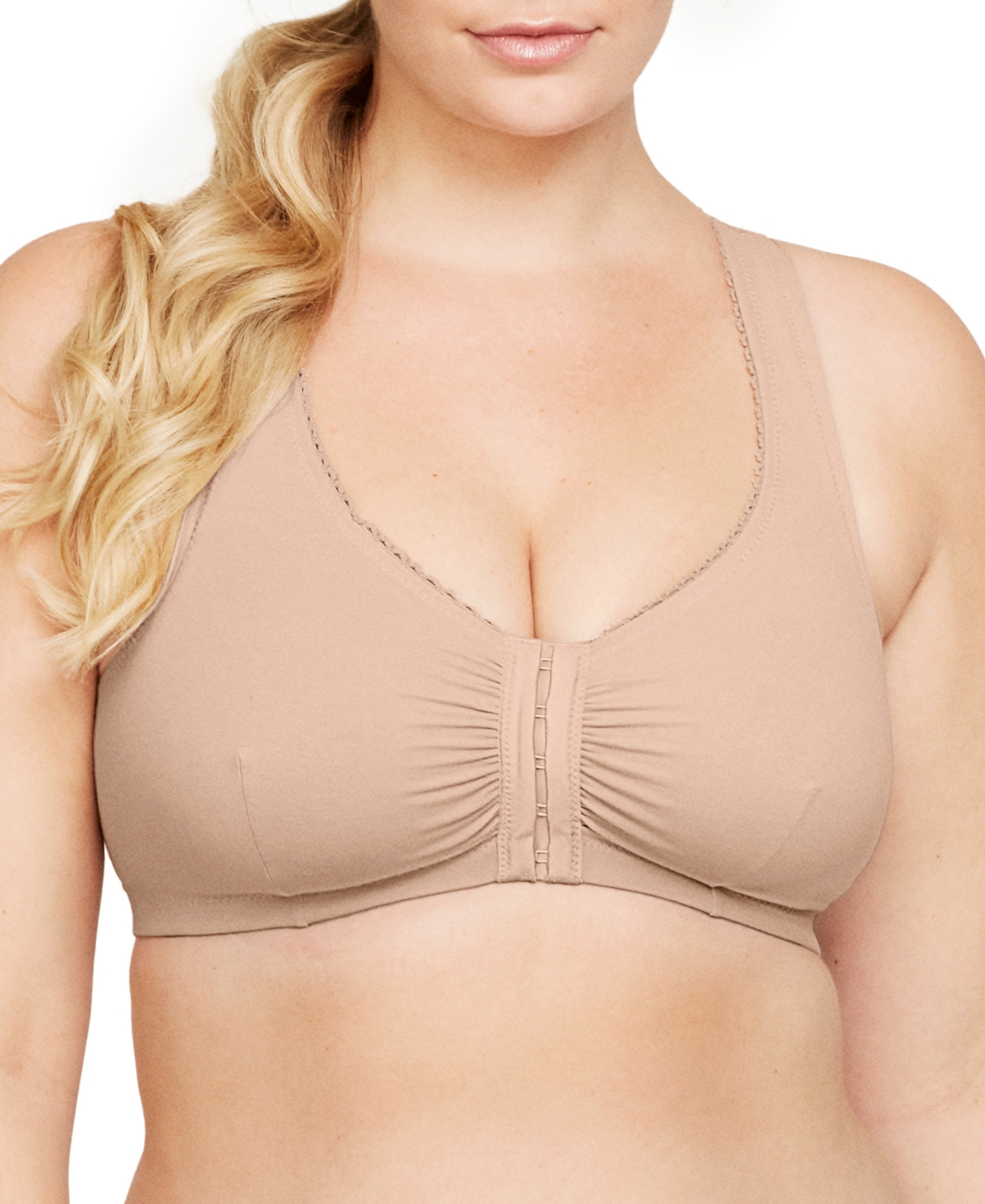 Women's Full Figure Plus Size Complete Comfort Wirefree Cotton T-Back Bra 1908 - Pink Blush