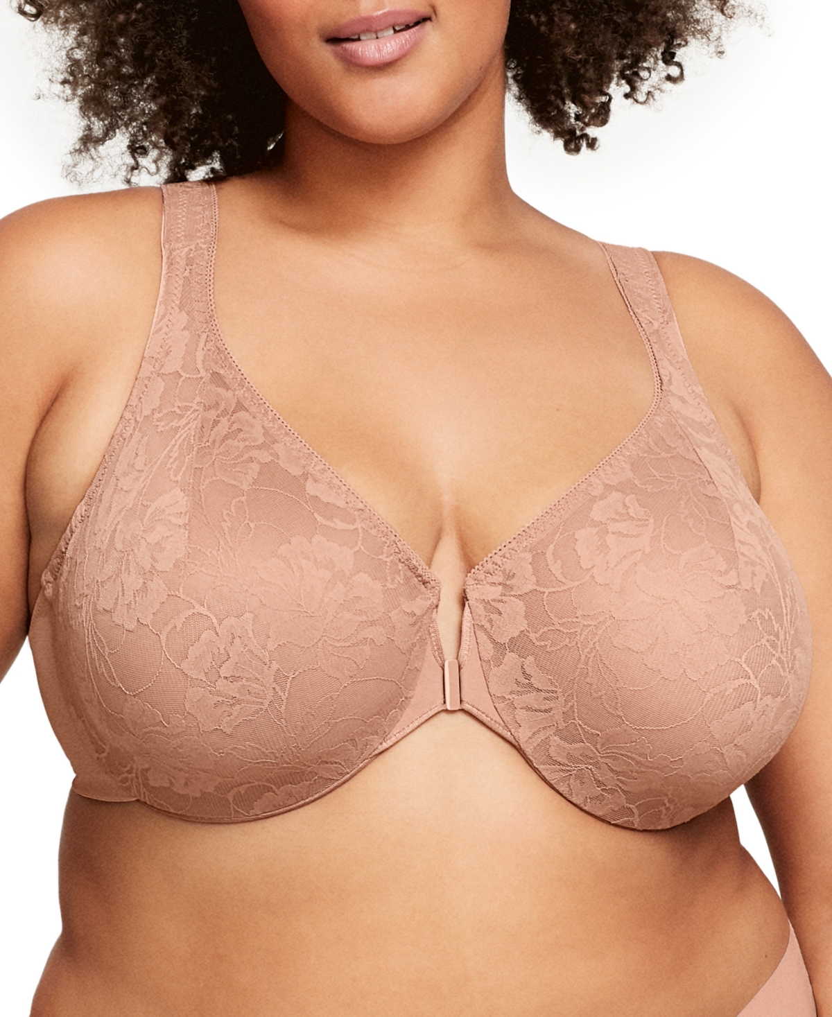 Women's Full Figure Wonderwire Front Close Stretch Lace Bra with Narrow Set Straps
