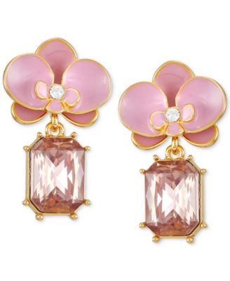 GUESS - Gold-Tone Pav&eacute; Pink Flower & Amethyst-Color Stone Drop Earrings