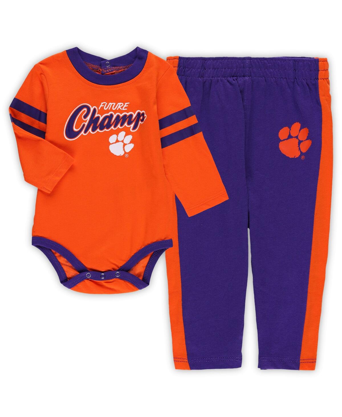Shop Outerstuff Infant Boys And Girls Orange, Purple Clemson Tigers Little Kicker Long Sleeve Bodysuit And Sweatpant In Orange,purple