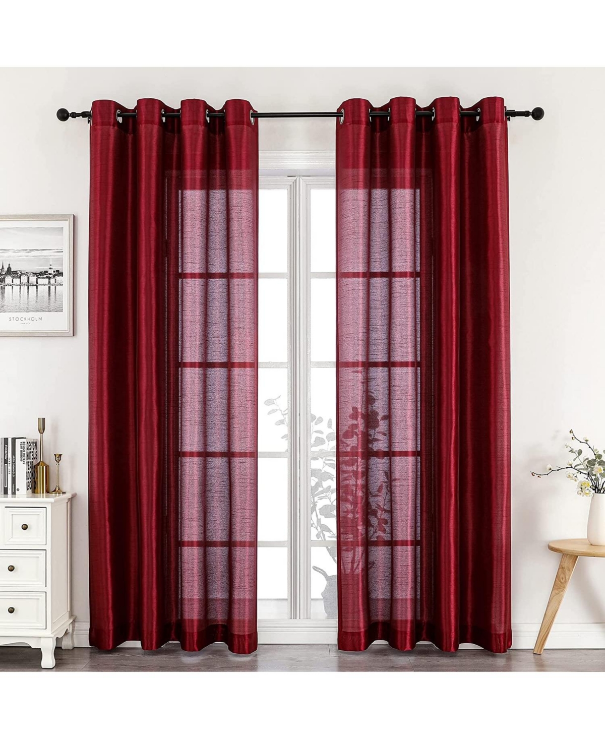 Artisan Lightweight Transparent Faux Silk Sheer Grommet Single Curtain Panel - Burgundy