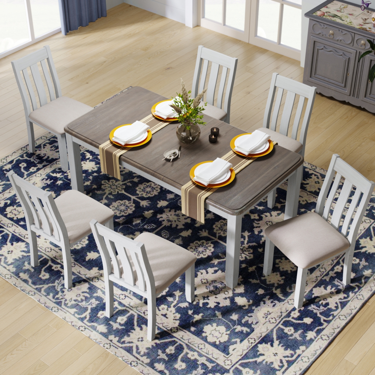 Simplie Fun Retro Style 7-Piece Dining Table Set With Extendable Table And 6 Upholstered Chairs