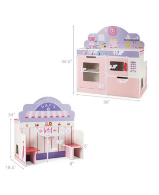 2 in 1 Kids Play Kitchen & Cafe Restaurant Wooden Pretend Cooking Playset Toy