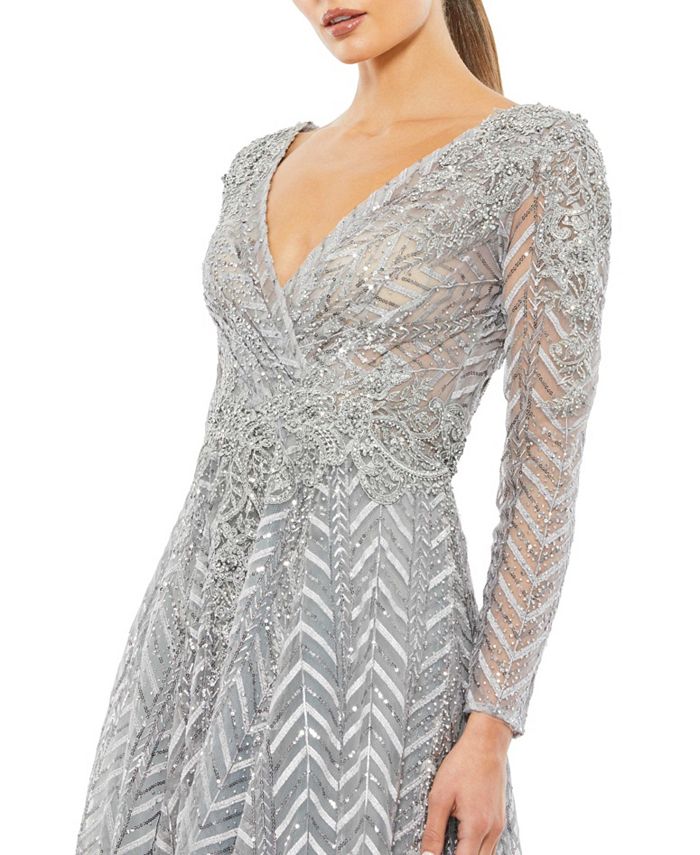 Mac Duggal Women's Embellished Illusion Long Sleeve Wrap Over A Line ...