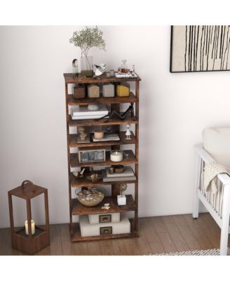 Patented 7-Tier Double Rows Shoe Rack Vertical Wooden Shoe Storage Organizer Rustic