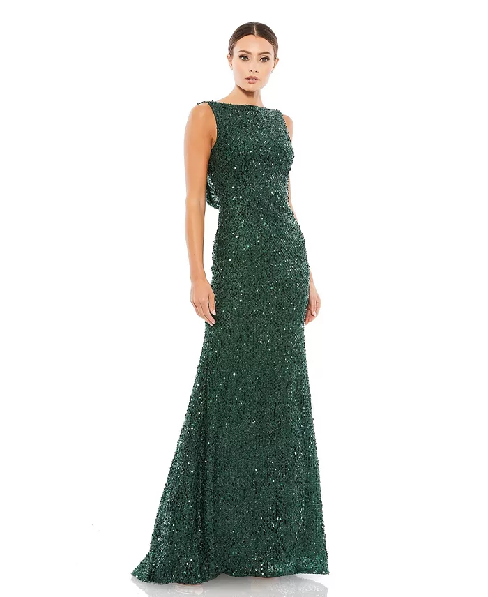 Women's Sleeveless Sequin Cowl Back Evening Gown