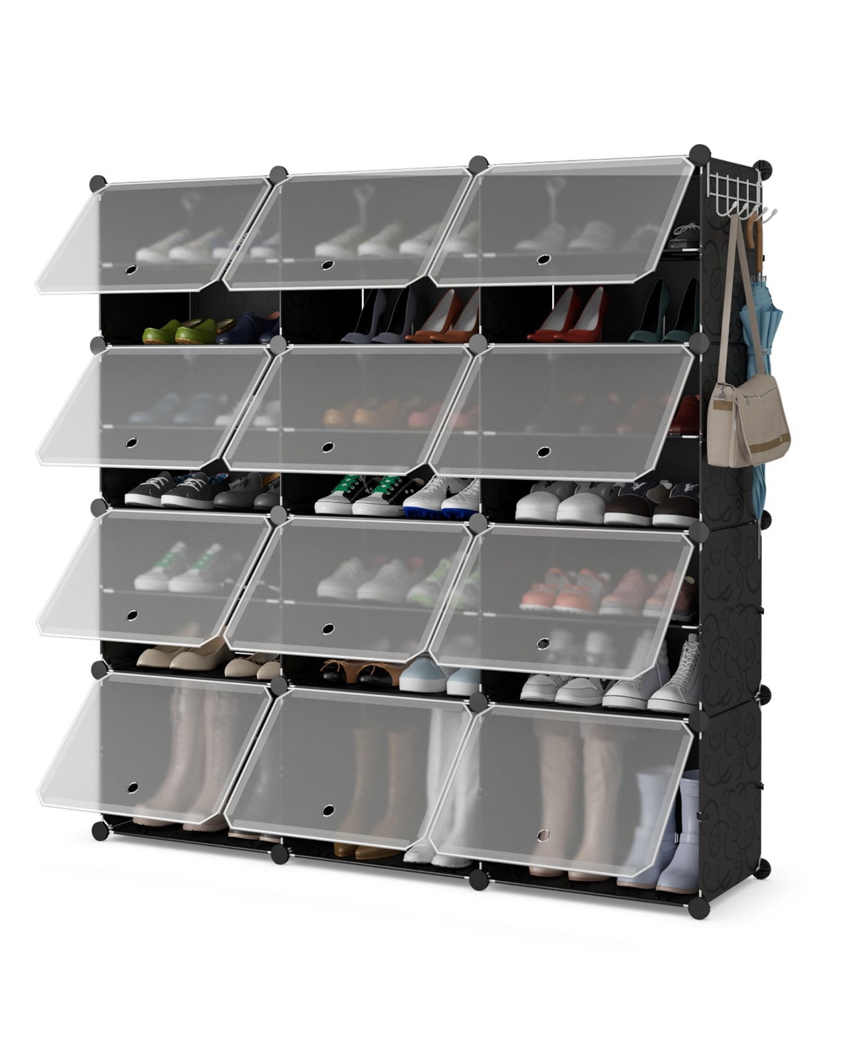 Portable Shoe Rack Organizer 12-Cube 48 Pair Shoe Shelf Storage Cabinet w/Hook - Black