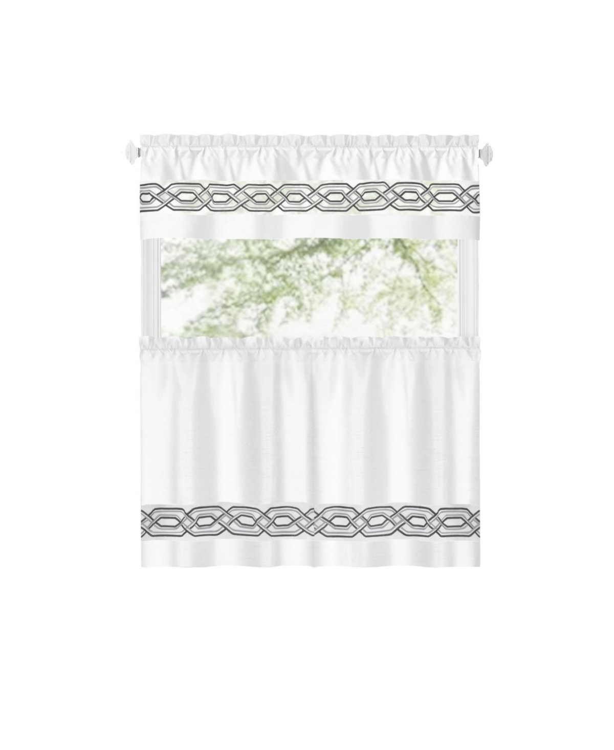 Pacifico Complete 3 Piece Rod Pocket Embroidered Tier & Valance Kitchen Curtain Set - White