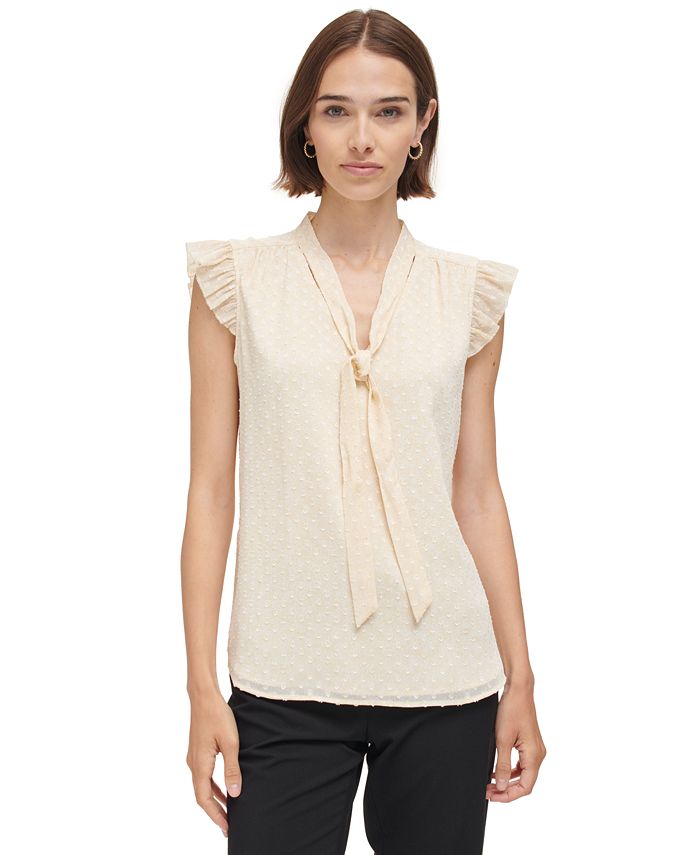 Calvin Klein Women s Textured Ruffle Sleeve Tie Neck Top Macy s