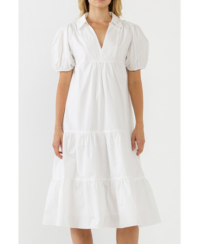 Vince Camuto Women's Cotton Puff-Sleeve Tiered Midi Dress - Macy's