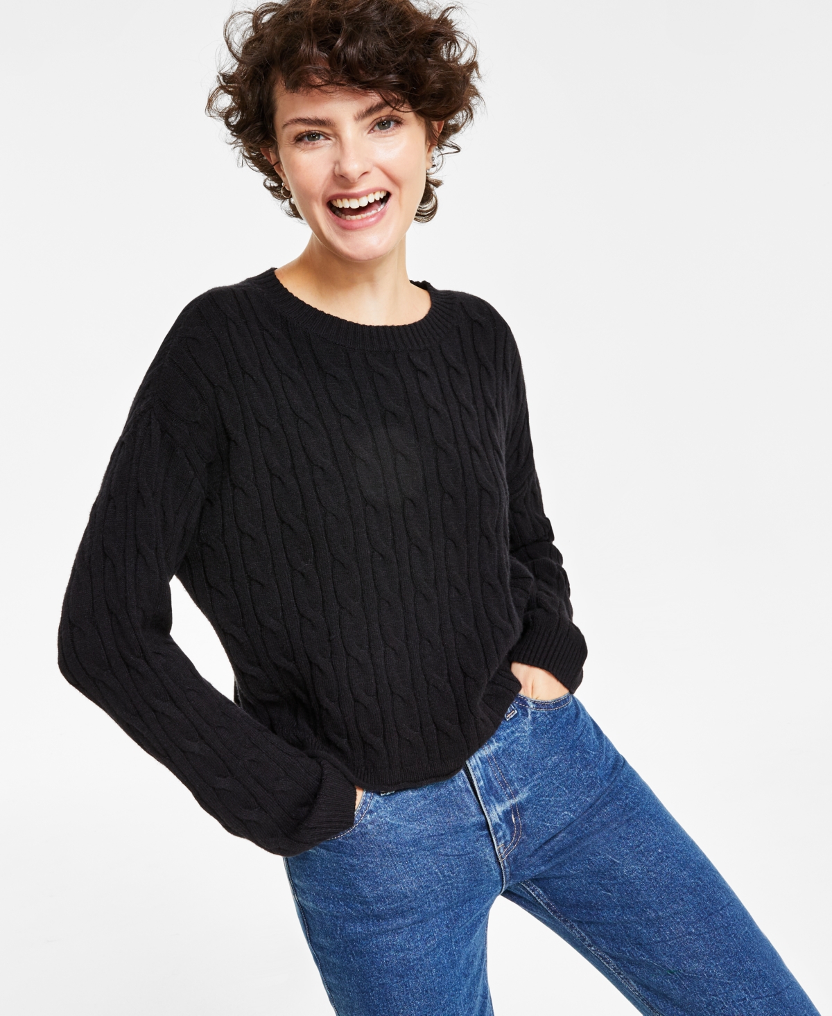 Petite Lightweight Cable Cropped Sweater - Black