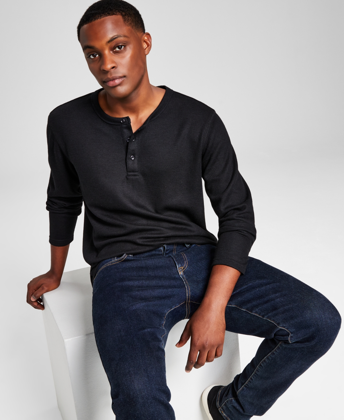 And Now This Men's Textured Long-sleeve Henley, Created For Macy's In Jet Black