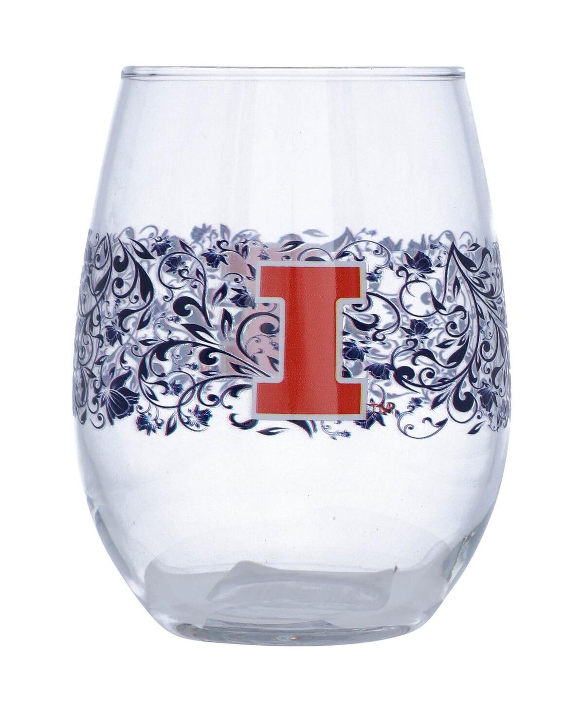 Indigo Falls Illinois Fighting Illini 15 oz Floral Stemless Wine Glass In Clear