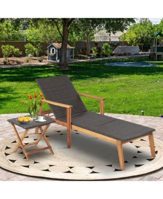 2PCS Patio Rattan Lounge Chair Chaise Recliner Wood Back Adjust W/Folding Table