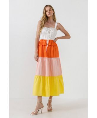 Women's Color Block Tied Detail Shirring Dress