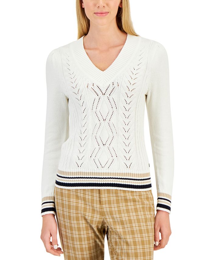 Overfrakke Ripples Fedt Tommy Hilfiger Women's Cotton Contrast-Stitching Striped-Trim Sweater -  Macy's