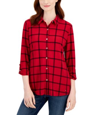 Tommy Hilfiger Women's Roll Sleeve Plaid Shirt Yellow Size Medium