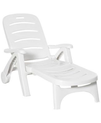 Folding Chaise Lounge Chair on Wheels, Lightweight Plastic Patio Sun Recliner with 5 Position Backrest for Beach & Pool, White