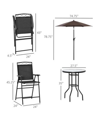 4 Piece Outdoor Patio Dining Furniture Set, 2 Folding Chairs, Adjustable Angle Umbrella, Wave Textured Tempered Glass Dinner Table, Black