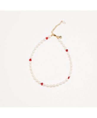 18K Gold Plated Freshwater Pearls with Charming Red Hearts - Akari Choker For Women